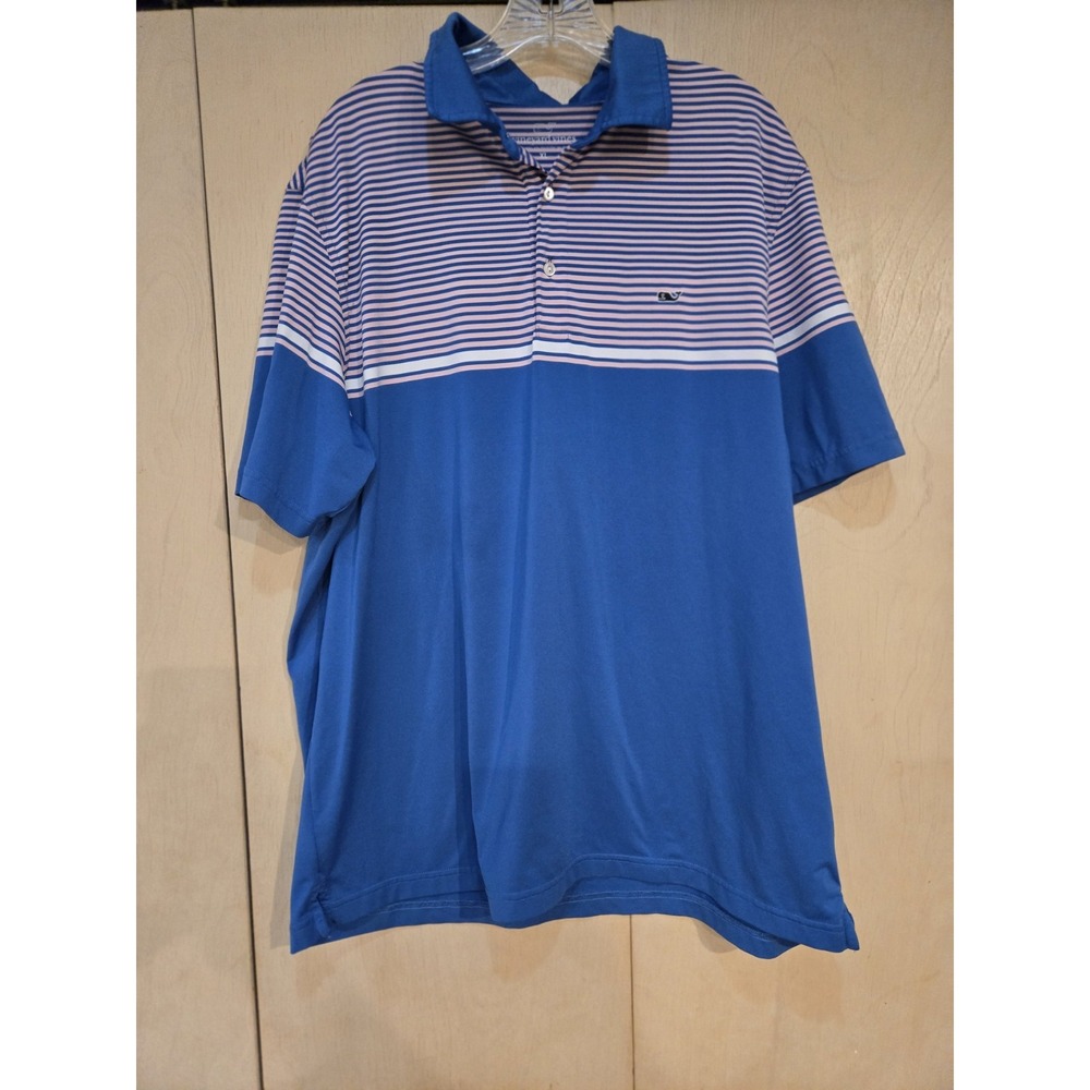 Vineyard Vines Performance Polo Mens XL Blue Pink Striped Golf Stretch Whale